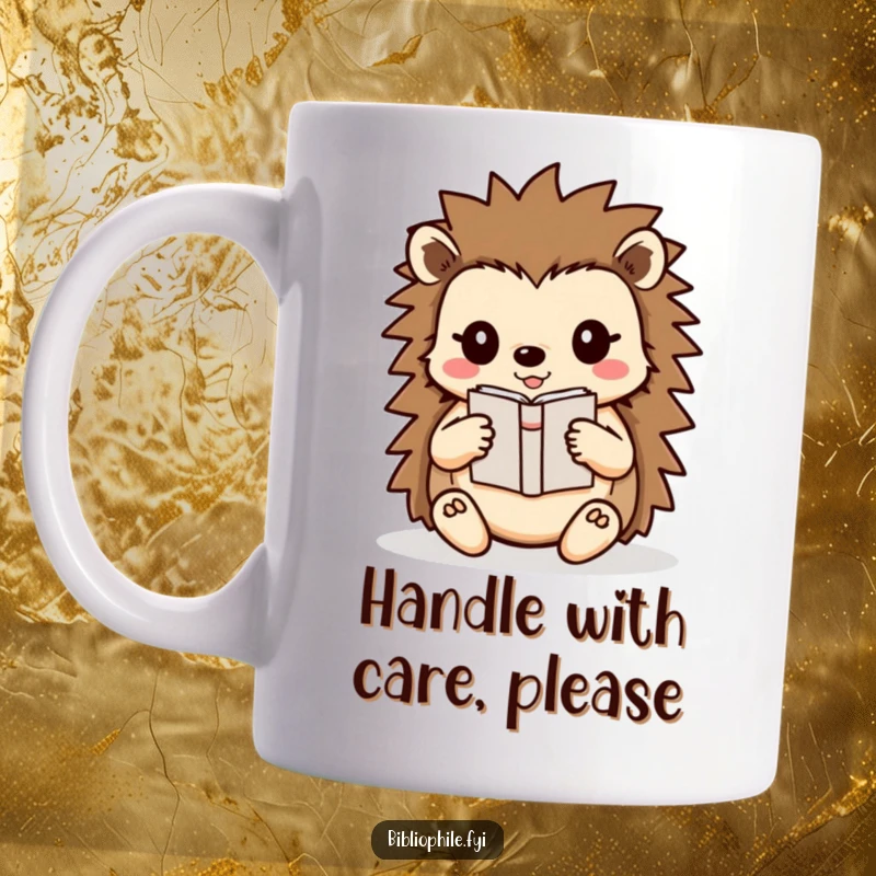 Funny Hedgehog Mug showing a cute hedgehog character carefully carrying a small book, embodying tenderness and a love for reading.
