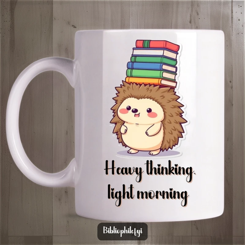 Funny round hedgehog character balancing a huge tower of books on its head, whimsical and funny gift.