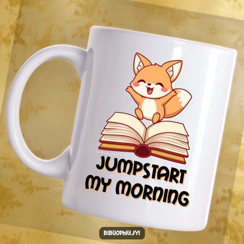 Funny fox mug featuring a happy character leaping over an open book, dynamic literary humor.