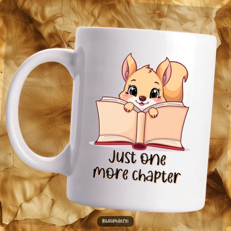 Funny curious squirrel with bright eyes peeking from behind a large open book on this delightful mug.