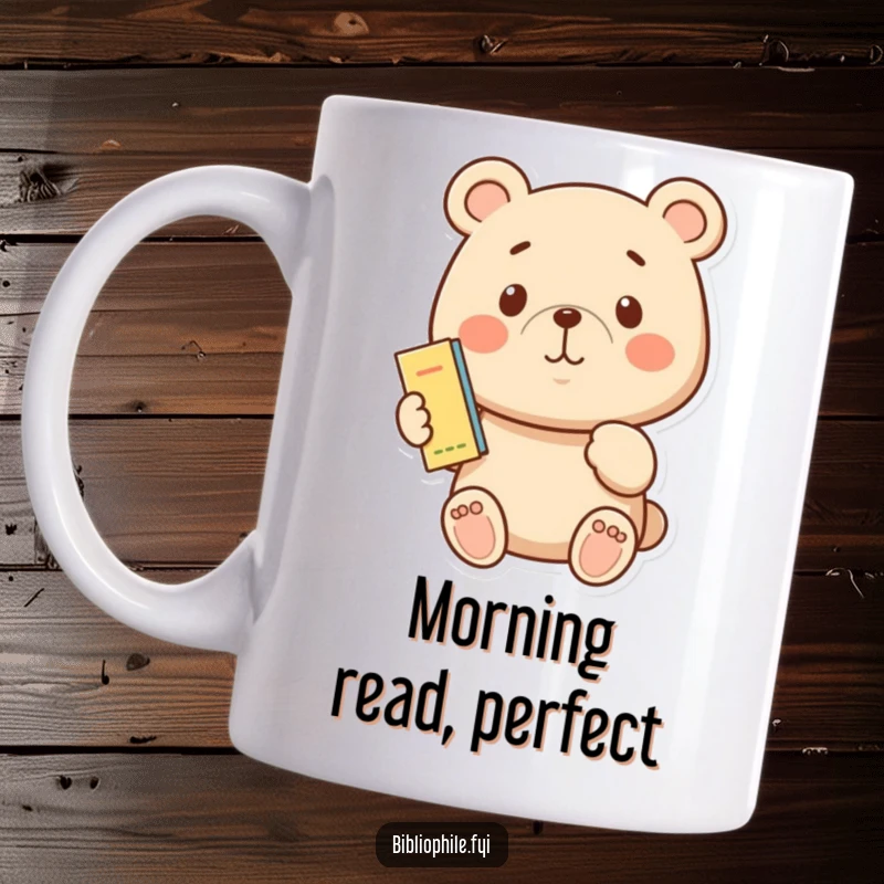 Funny bear character holding a tiny bookmark with a proud smile, printed on a mug for book lovers.