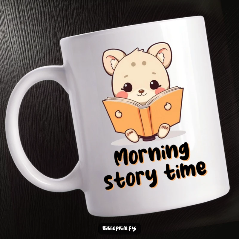 Funny mug featuring a cute animal character happily engrossed in reading an oversized, open book, radiating pure joy.