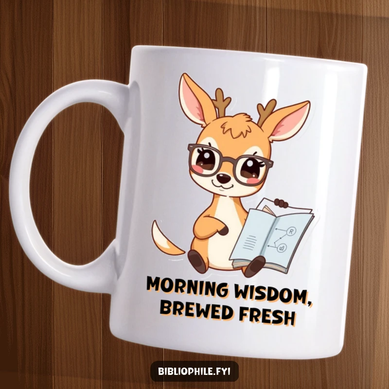 Funny Deer Scholar Mug showing a cute deer character wearing spectacles and pointing at a diagram in a book, radiating intelligence and humor.