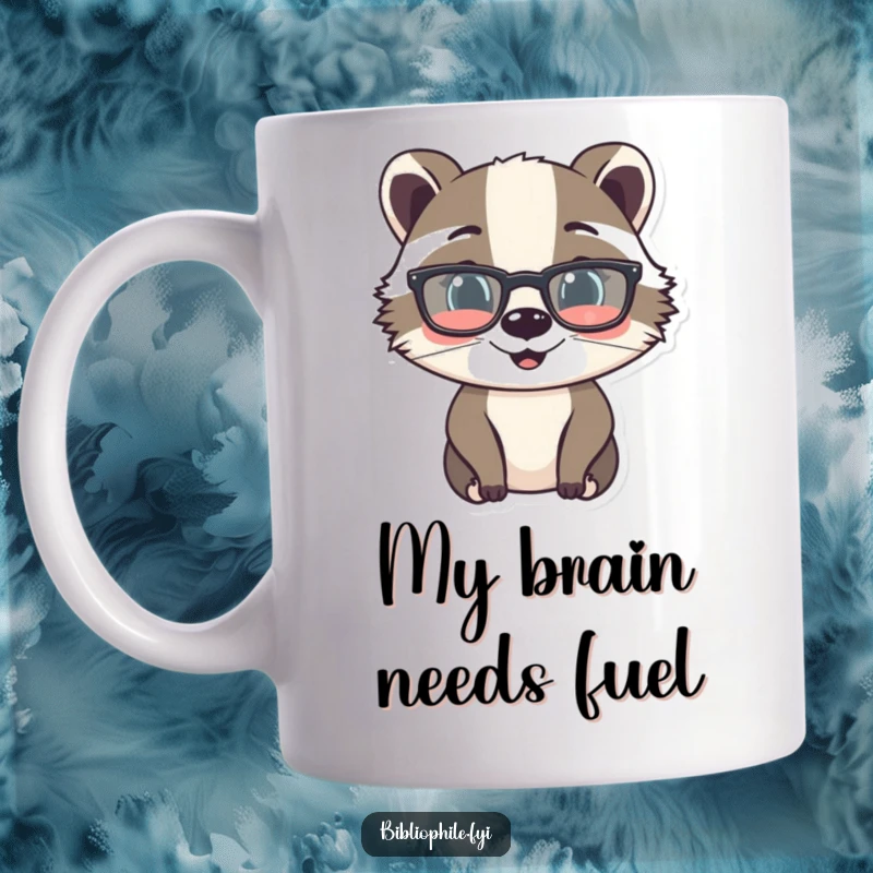 Funny mug featuring a cheerful badger character wearing reading glasses, looking studious and happy, perfect for book lovers.