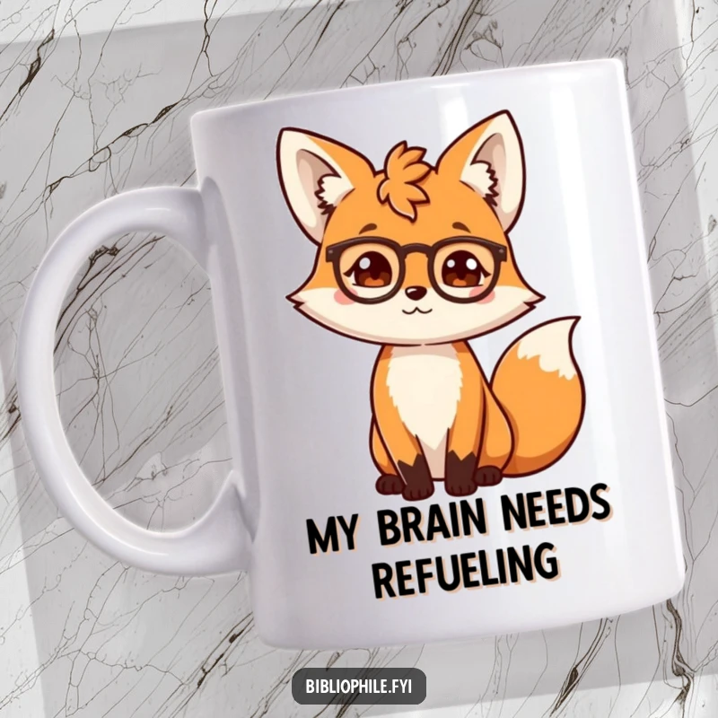 Funny scholar fox wearing spectacles, adjusting them with a studious expression, perfect for a book lover's mug.