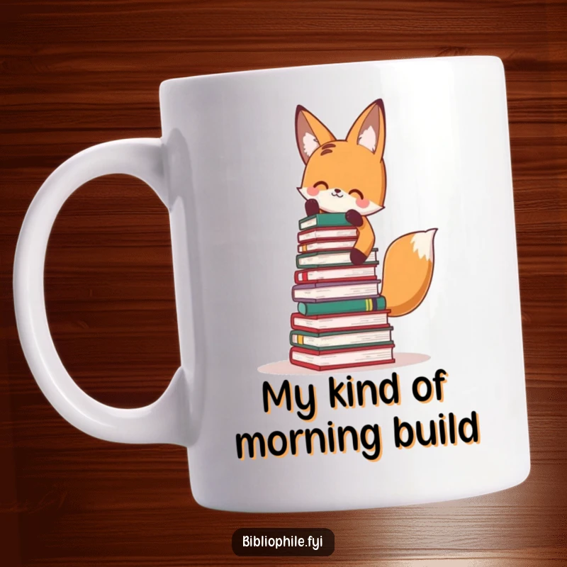 Funny Fox Mug: Adorable fox enthusiastically stacking a tall tower of books, perfect for reading lovers.