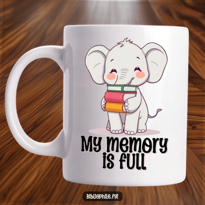 Funny mug featuring a cheerful elephant balancing books on its trunk, symbolizing wisdom, memory, and love of reading.