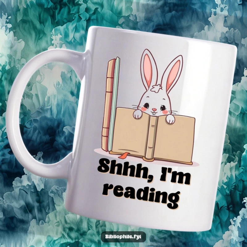 Funny mug with a mischievous rabbit character hiding behind a giant book, conveying naughtiness and a love for secrets.