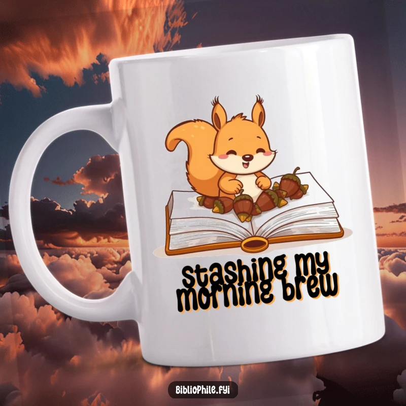 Funny Squirrel Book Mug with a happy squirrel character burying acorns within the pages of a large hardcover book, a reader's delight.