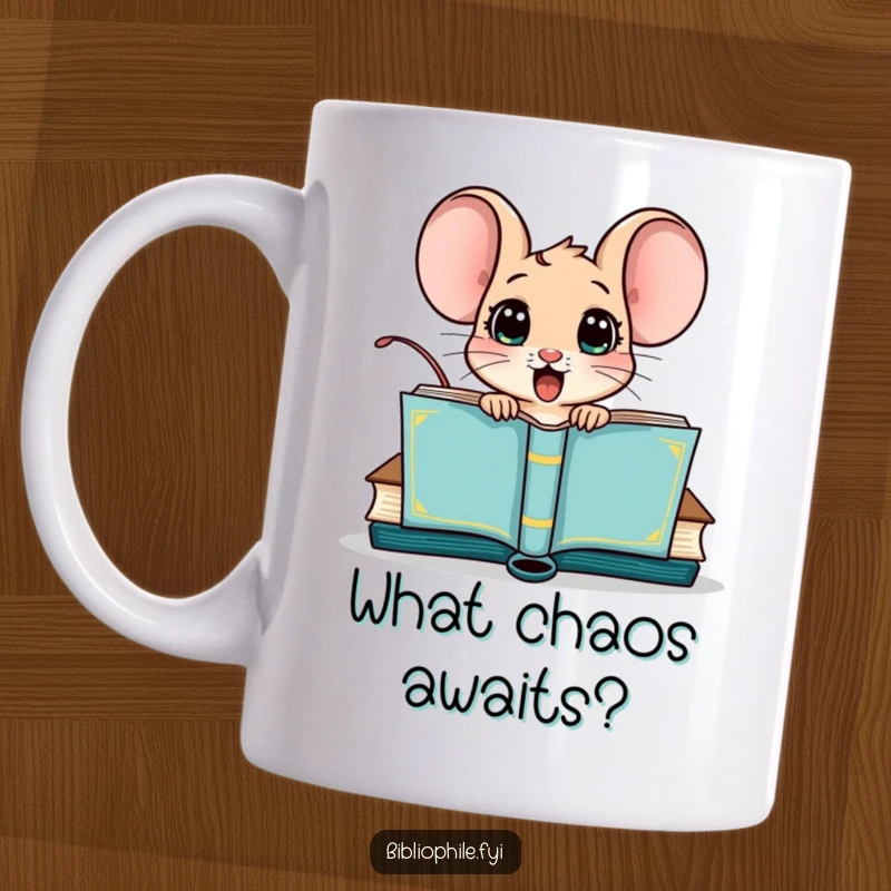 Funny mug featuring a surprised mouse character peeking out from a book cover, wide-eyed and comical.