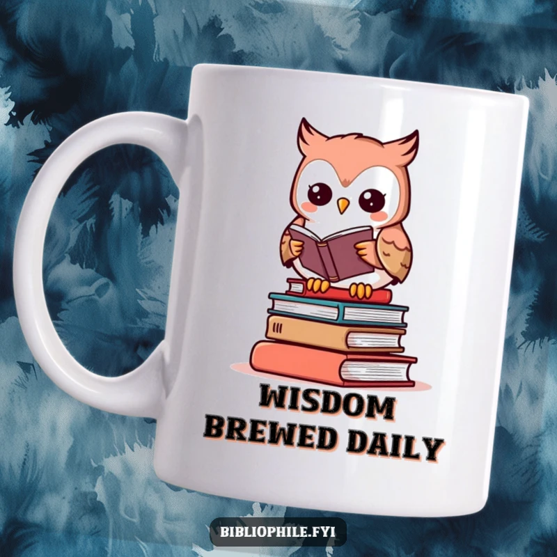 Funny owl mug with a cute character reading on a book stack, perfect for bookish humor lovers.