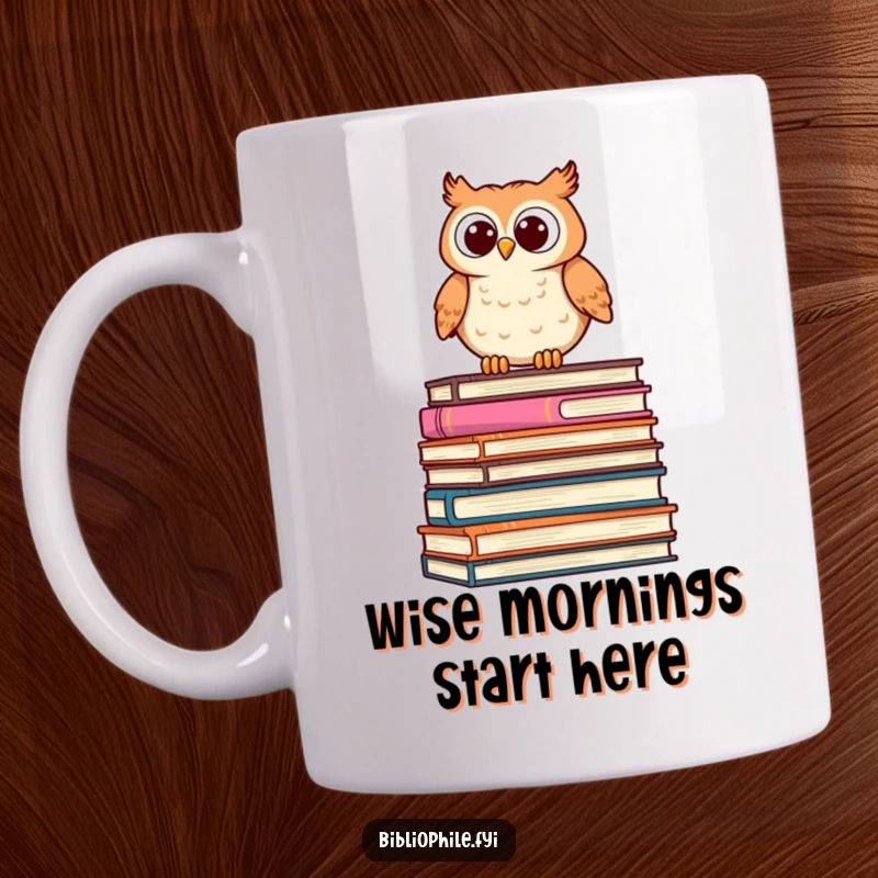 Funny Owl Mug with a cute, stylized owl perched on a stack of oversized books, peering curiously, perfect for book lovers.