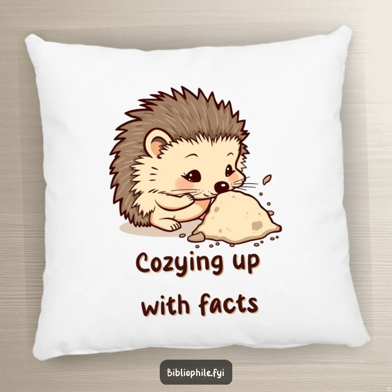 Funny pillow with a curious hedgehog character sniffing a dusty tome, bringing a sense of intellectual curiosity and cozy comfort.