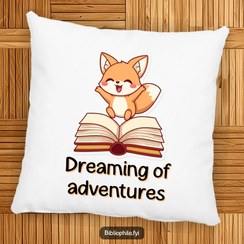 Funny fox pillow featuring a happy character leaping over a book, cozy and playful literary decor.