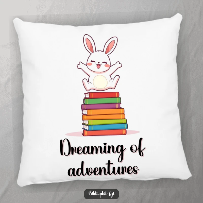A cheerful rabbit joyfully leaping over colorful storybooks, depicted on a soft and inviting pillow.