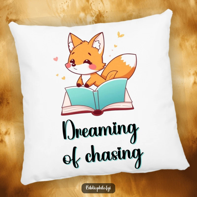 Funny Fox Pillow featuring a playful fox character chasing a fluttering bookmark through an open page, perfect for cozy reading nooks.