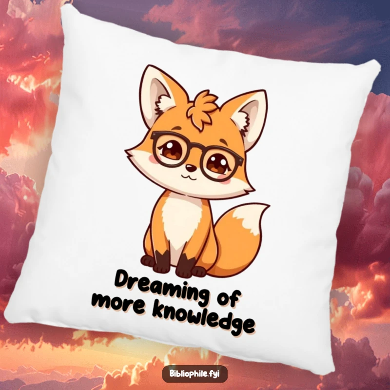 Cute, funny scholarly fox character adjusting its spectacles, featured on a soft, decorative pillow.