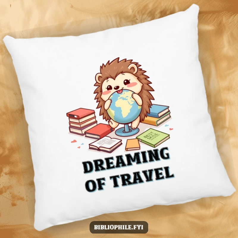Funny pillow featuring a cheerful hedgehog rolling a globe among books, providing comfort and a sense of adventure.