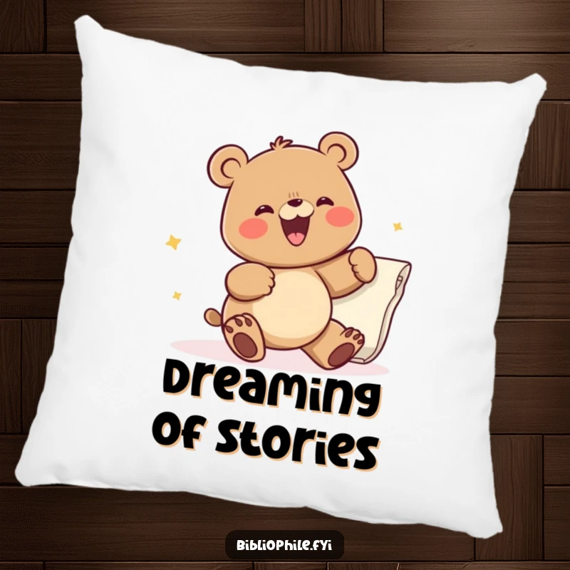 Funny pillow with a joyful bear character mid-page turn, exuding excitement and a love for literature, perfect for a reader's comfort.