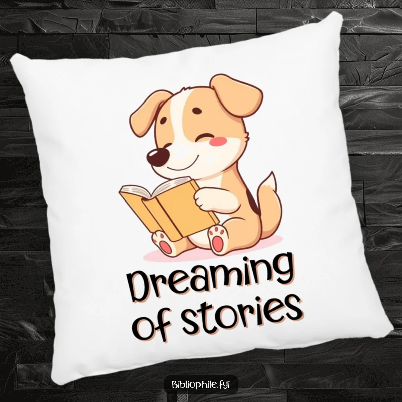 Funny pillow with a cute dog character wagging its tail excitedly while reading a story, offering comfort and doggy delight.