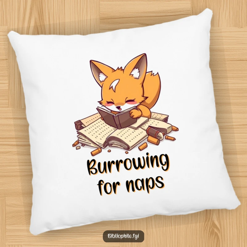 A playful fox enthusiastically digging through forgotten manuscripts, depicted on a soft and cozy pillow.