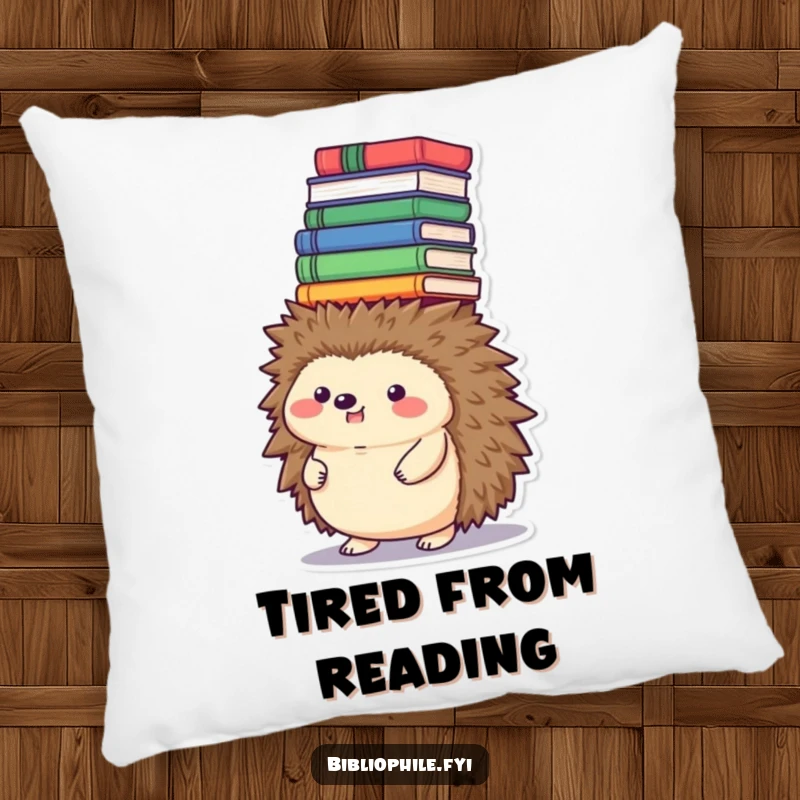 Funny hedgehog pillow, balancing a tower of books on its head, soft and charming funny gift.