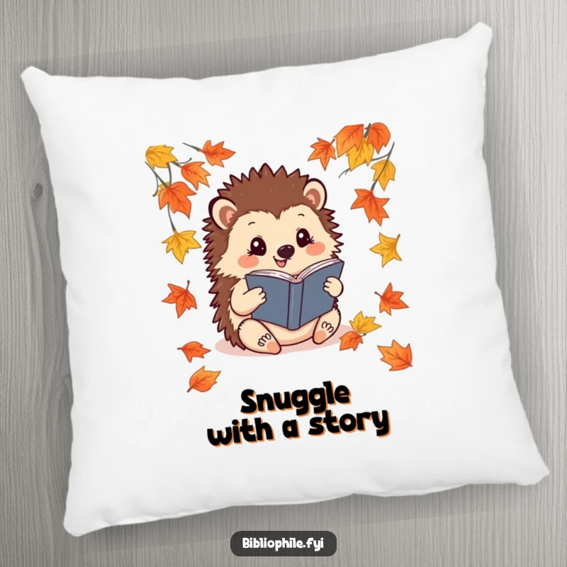 Funny Hedgehog Pillow: A cheerful hedgehog reads a book surrounded by fallen leaves, offering comfort and cozy literary humor.