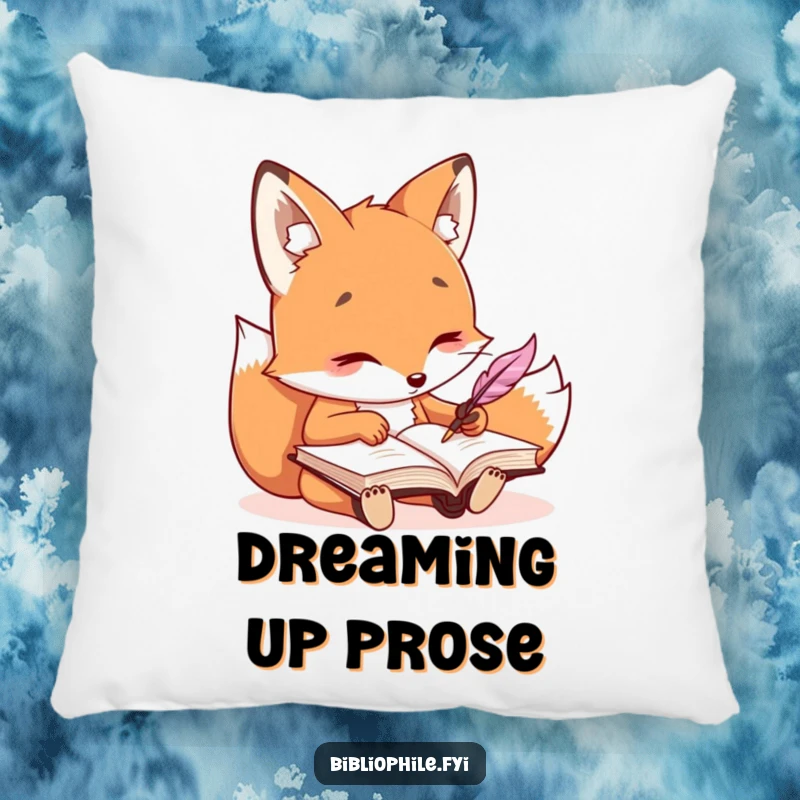 Funny kawaii fox character writing in a journal with a quill, a soft and humorous pillow accent.