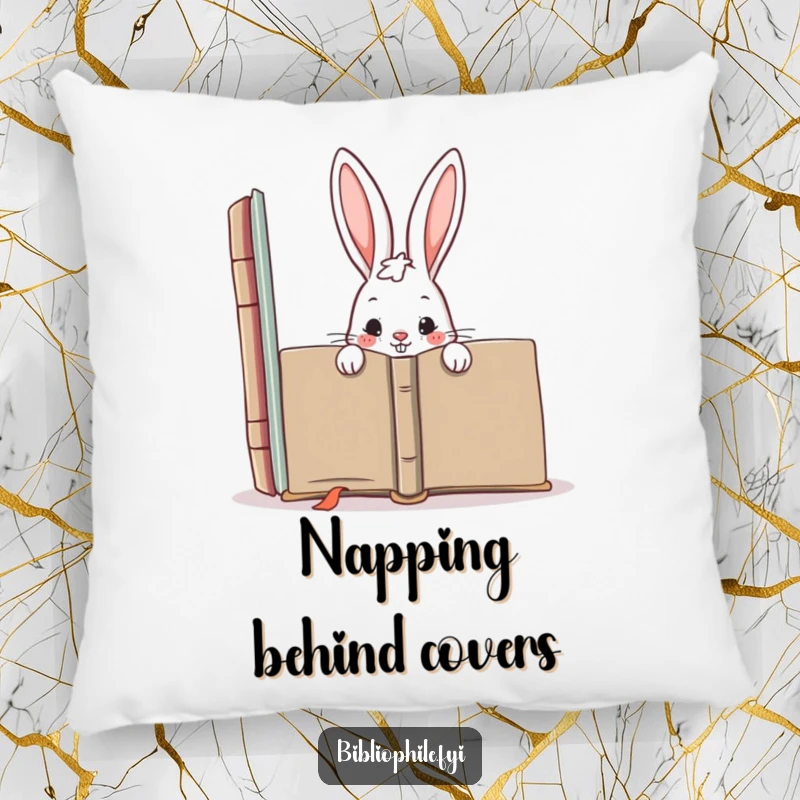 Funny pillow with a mischievous rabbit character hiding behind a large book, bringing a sense of playful secrecy and cozy comfort.