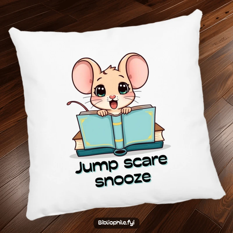 Funny pillow with a surprised mouse character emerging from a book cover, designed for comfort and bookish amusement.