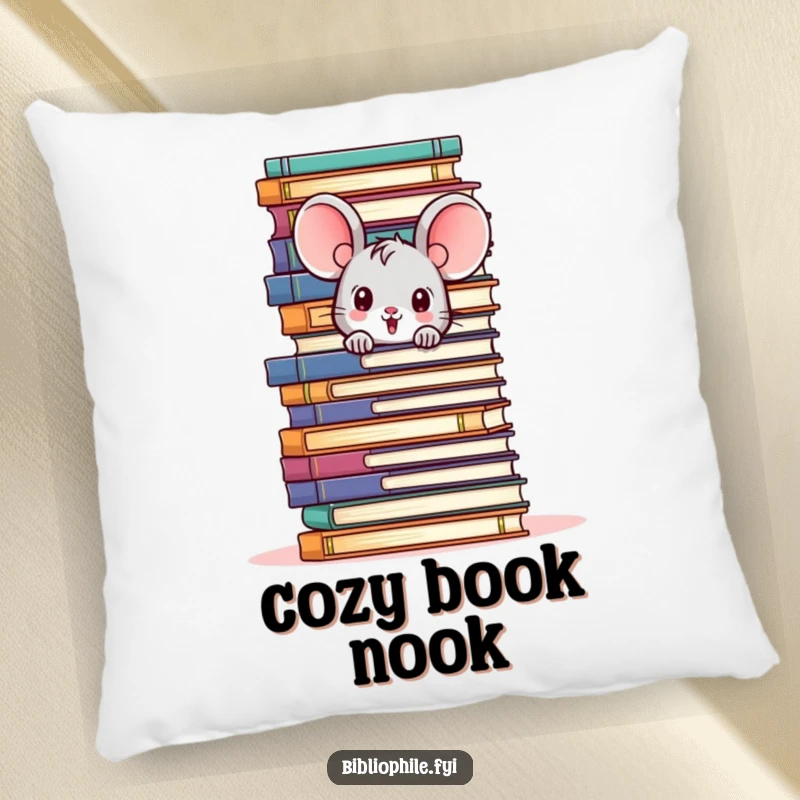 Funny pillow with a cute mouse character peeking from behind a towering pile of books, offering comfort and literary charm.