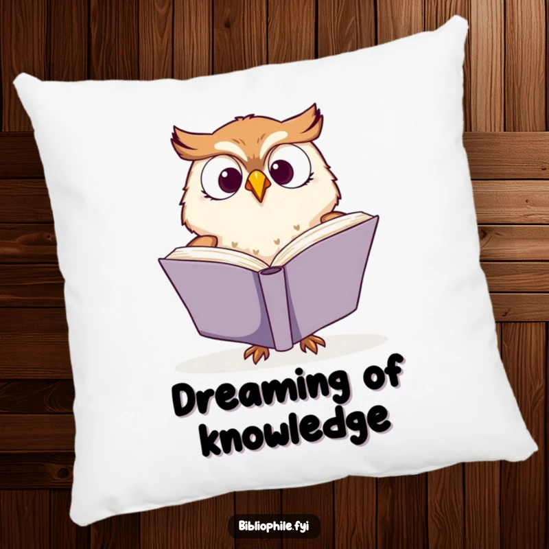 Funny pillow showcasing a cute owl character enthusiastically turning pages in a large book, offering comfort and literary cheer.