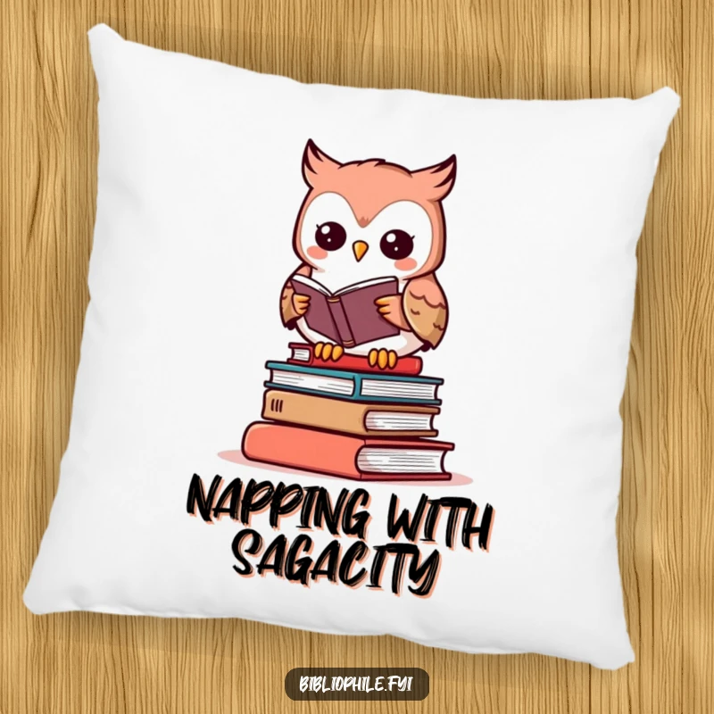 Funny owl pillow featuring a cute reading character on books, perfect for cozy literary spaces.