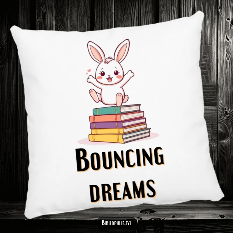Funny Rabbit Pillow featuring an energetic rabbit character bouncing excitedly on a pile of storybooks, perfect for cozy accents.