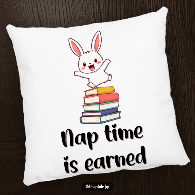 Funny pillow featuring a cute rabbit character enthusiastically leaping over a stack of novels, adding comfort and fun.