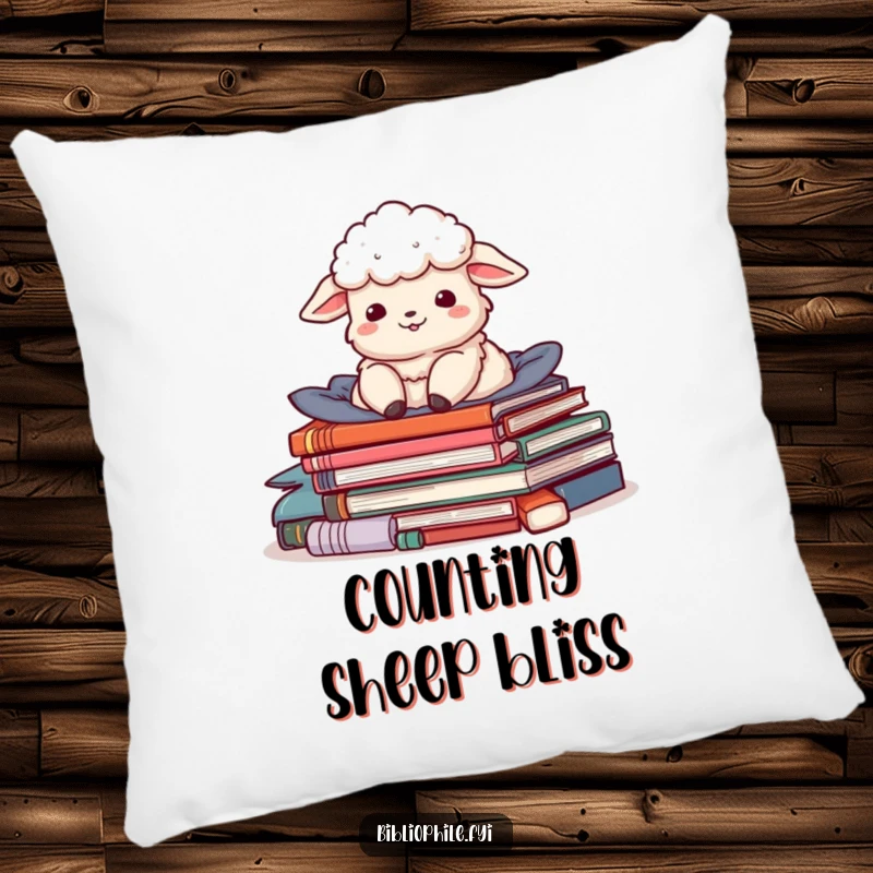 Funny pillow with a delighted sheep character nestled in a pile of stories, designed for ultimate comfort and literary dreams.