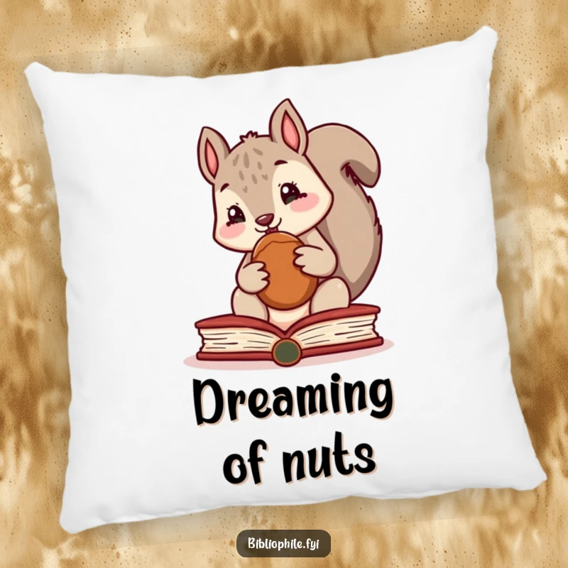 Funny pillow with a cute squirrel character hiding a nut inside a book, providing comfort and a humorous touch.