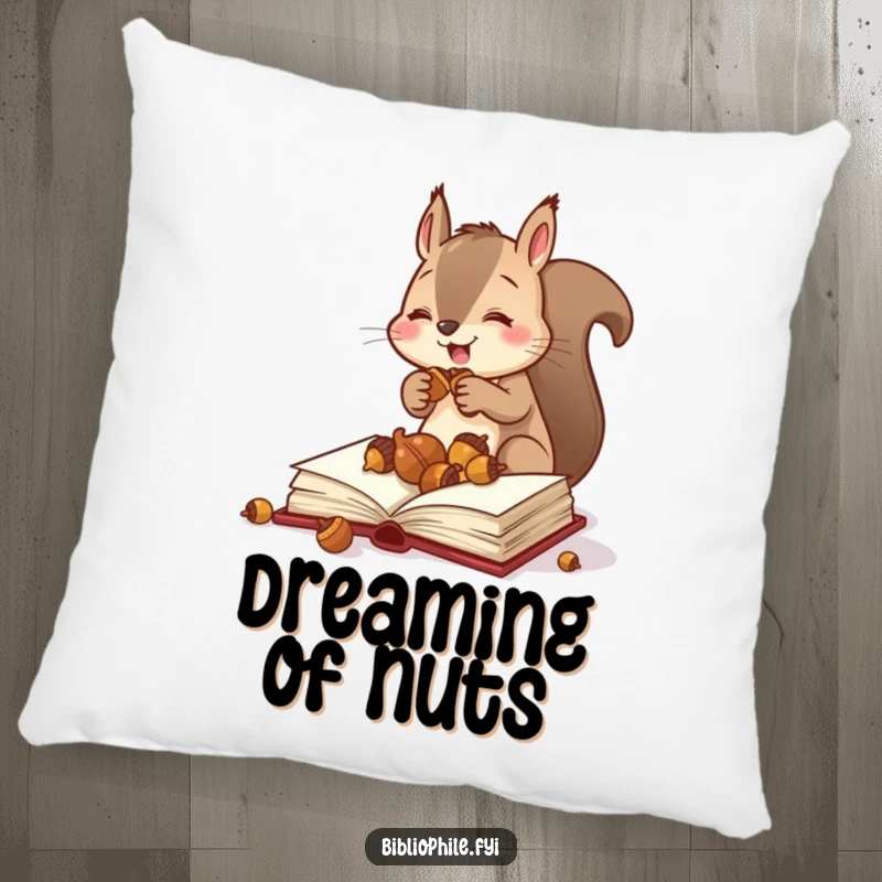 Funny squirrel storing acorns in a book on a decorative pillow, symbolizing organized preparedness with humor, a cozy humorous gift.