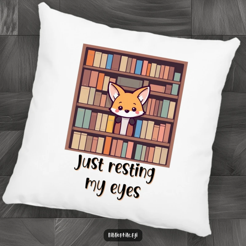 Funny Fox Pillow: A curious fox peeks from behind a bookshelf, offering comfort and a touch of literary humor for relaxation.