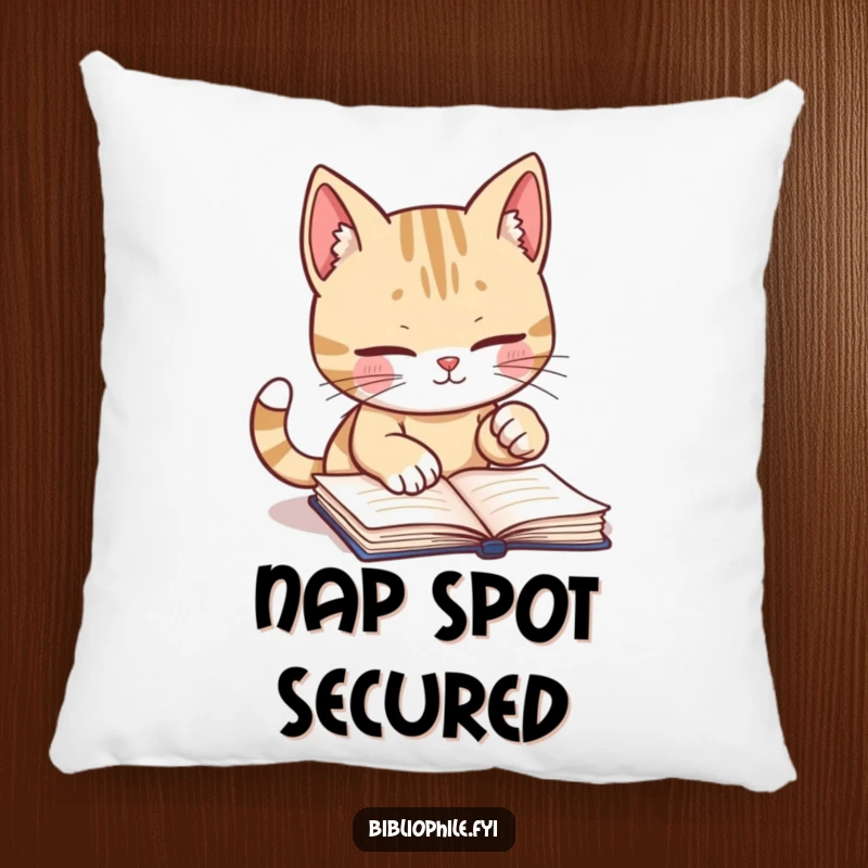 Funny pillow with a cute cat character diligently marking a book page with its playful paw, offering comfort and feline flair.