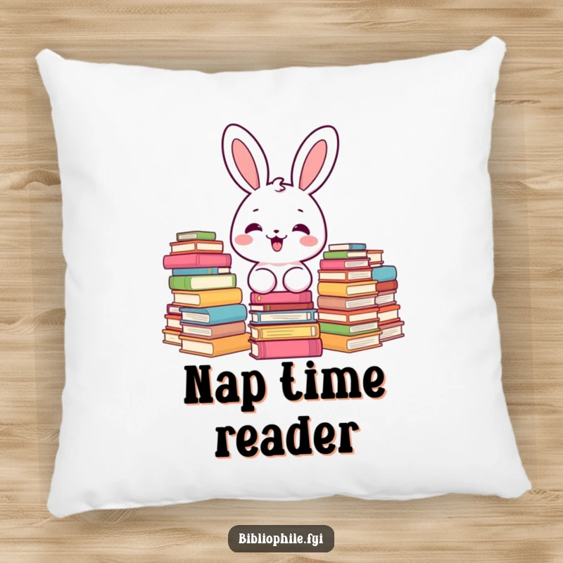 Funny kawaii bunny character delighted by stacks of books, a soft and humorous pillow for readers.