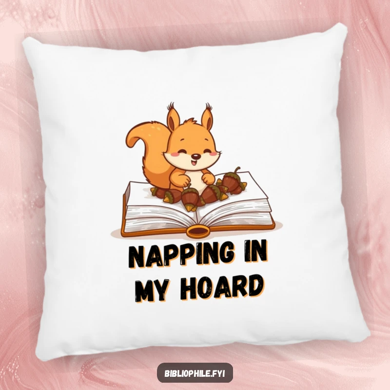 Funny Squirrel Pillow featuring a happy squirrel character burying acorns within the pages of a large hardcover book, perfect for cozy accents.