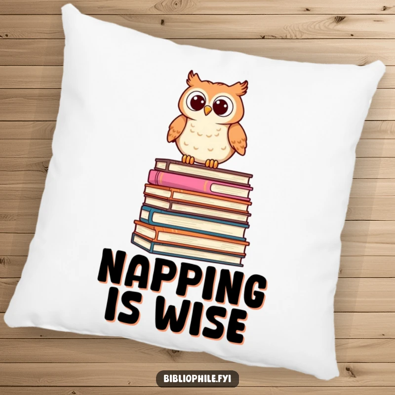 Funny Owl Pillow featuring a cute, stylized owl perched on a stack of oversized books, peering curiously, perfect for cozy decor.