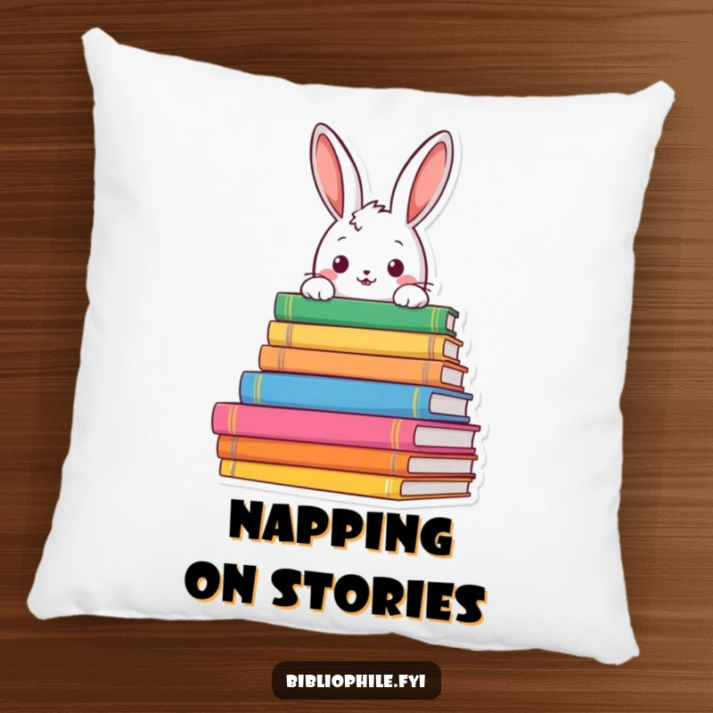 Funny rabbit peeking over books on a decorative pillow, embodying literary curiosity, a cozy and humorous gift.