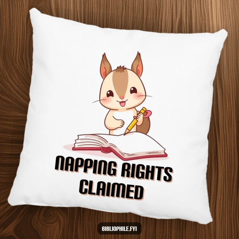 Funny squirrel marking a page with a ribbon in a book, on a soft decorative pillow.