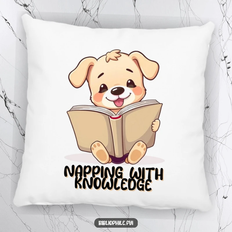 Funny plush pillow featuring a cute puppy character enthusiastically reading a large open book, providing comfort and charm.