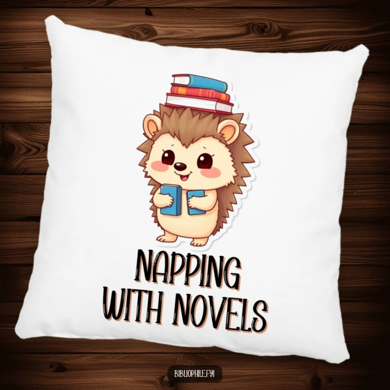 Funny pillow featuring a playful hedgehog balancing books on its head, offering comfort and a humorous touch.