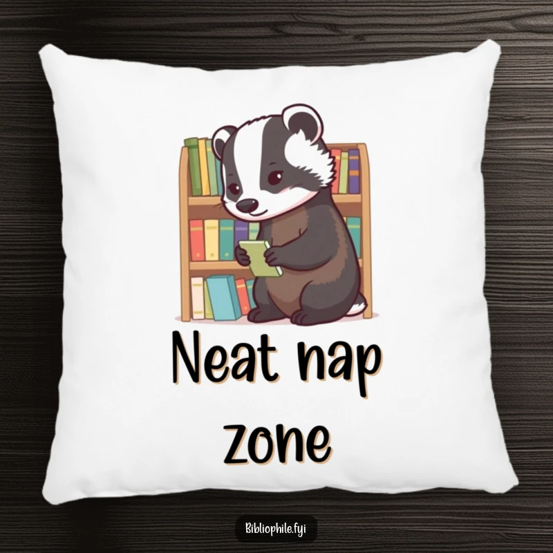 A diligent badger meticulously organizing tiny novels, depicted on a soft and cozy pillow.