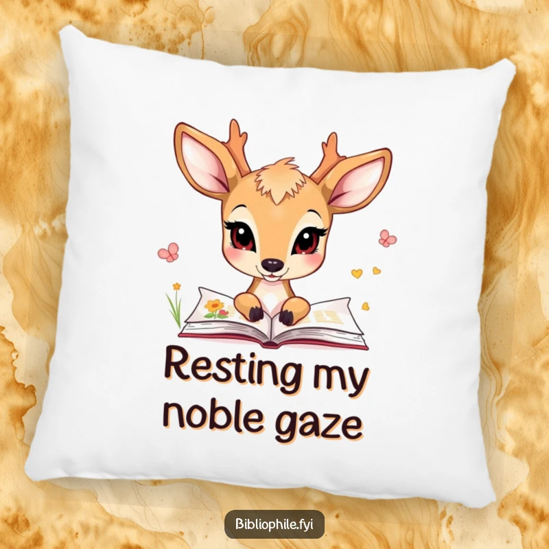 Funny pillow with a charming deer character gazing at illustrated pages, offering comfort and artistic flair.