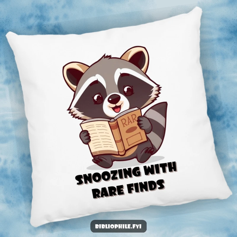 Funny Raccoon Pillow with a cute raccoon character excitedly showcasing a newly discovered rare book, offering plush comfort and humorous discovery.